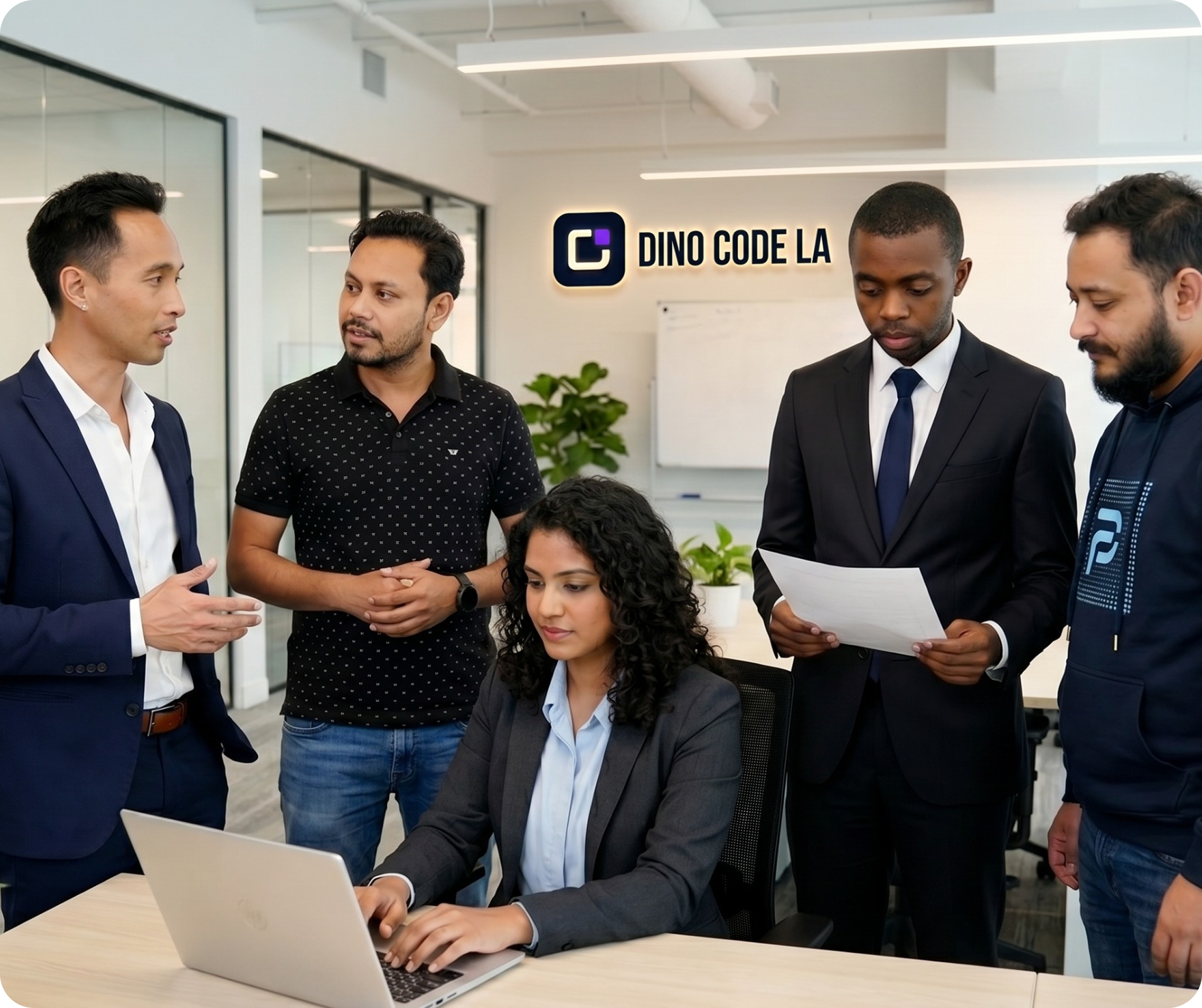 Dino Code LA team collaborating in the office