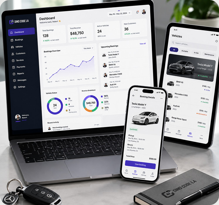 Automotive management platform displayed across multiple devices