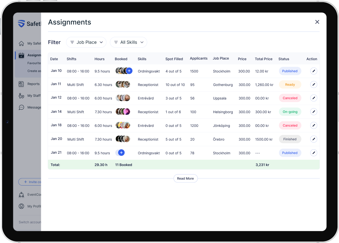 Assignments tablet interface